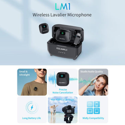 FEELWORLD LM1 Wireless Lavalier Microphone for Phone Computer Camera, 2TX + 1RX + Charging Case
