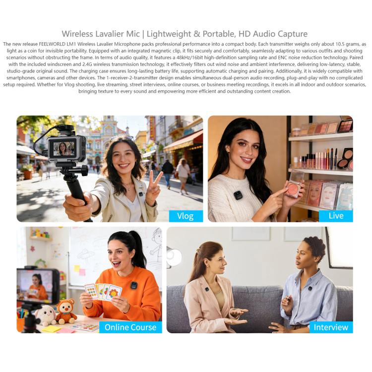 FEELWORLD LM1 Wireless Lavalier Microphone for Phone Computer Camera, 2TX + 1RX + Charging Case