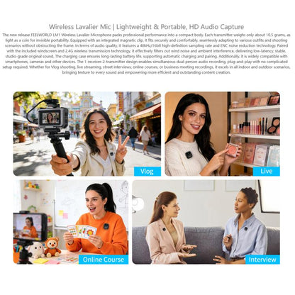 FEELWORLD LM1 Wireless Lavalier Microphone for Phone Computer Camera, 2TX + 1RX + Charging Case