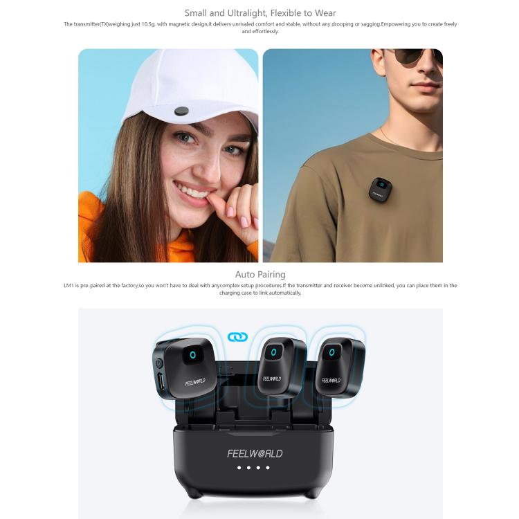 FEELWORLD LM1 Wireless Lavalier Microphone for Phone Computer Camera, 2TX + 1RX + Charging Case
