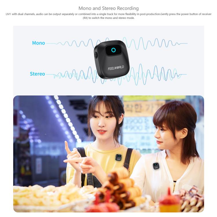 FEELWORLD LM1 Wireless Lavalier Microphone for Phone Computer Camera, 2TX + 1RX + Charging Case