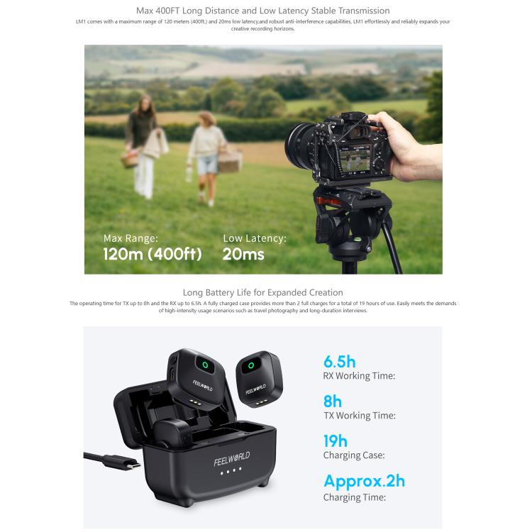 FEELWORLD LM1 Wireless Lavalier Microphone for Phone Computer Camera, 2TX + 1RX + Charging Case