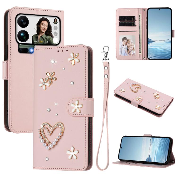 ZS01 Double-Layer Heart Floral Vegan Leather Phone Case with Wrist Strap, For Xiaomi 17 Ultra 5G, For Xiaomi Poco F8 Ultra / Redmi K90 Pro Max, For Xiaomi Poco F8 Pro 5G / Redmi K90, For Xiaomi 17 Pro Max 5G, For Xiaomi 17 Pro 5G, For Xiaomi 17 5G     ...