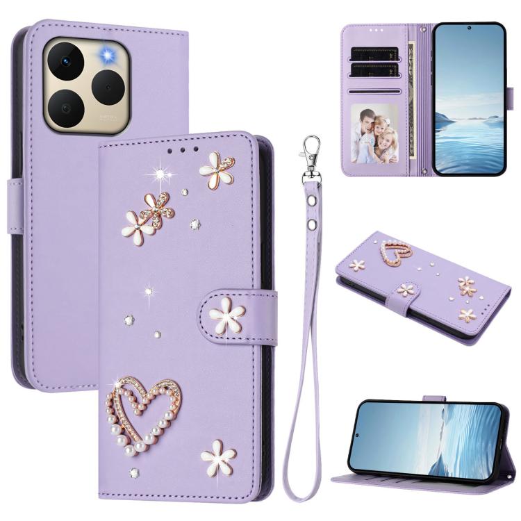 ZS01 Double-Layer Heart Floral Vegan Leather Phone Case with Wrist Strap, For Realme 16 Pro+ 5G Global, For Realme 16 Pro 5G Global, For Realme GT 8 Pro Global, For Realme P4x 5G, For Realme C71 4G India / Note 70 4G, For Realme C85 5G / 15x 5G        ...