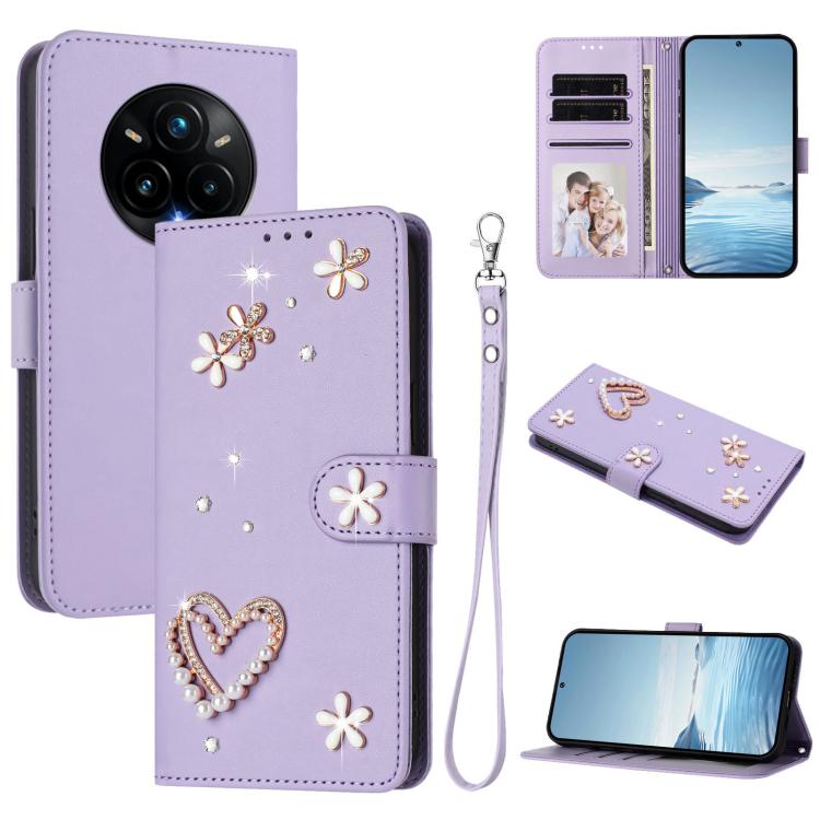 ZS01 Double-Layer Heart Floral Vegan Leather Phone Case with Wrist Strap, For Realme C71 4G Global, For Realme GT 7 5G Global / GT 7 5G India, For Realme V70 5G / 14x Global, For Realme Narzo 80 Pro / 14 Pro 5G India                                    ...