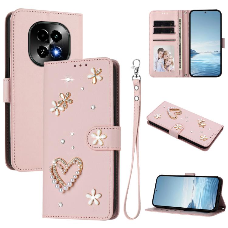 ZS01 Double-Layer Heart Floral Vegan Leather Phone Case with Wrist Strap, For Realme GT 7 Pro 5G / GT7 Pro Racing 5G, For Realme C63 5G Global, For Realme 12 5G Global / 13 5G Global, For Realme Note 60 4G Global / C63 4G Global, For Realme 13+ 5G Glob...