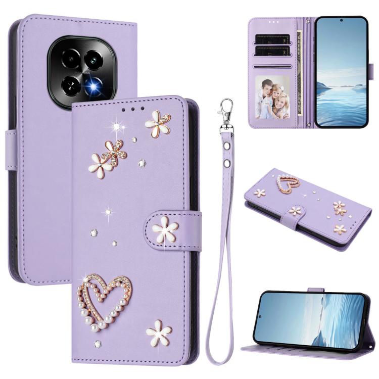 ZS01 Double-Layer Heart Floral Vegan Leather Phone Case with Wrist Strap, For Realme GT 7 Pro 5G / GT7 Pro Racing 5G, For Realme C63 5G Global, For Realme 12 5G Global / 13 5G Global, For Realme Note 60 4G Global / C63 4G Global, For Realme 13+ 5G Glob...