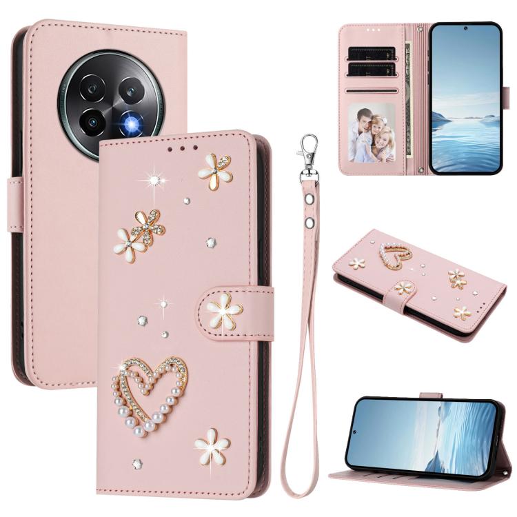 ZS01 Double-Layer Heart Floral Vegan Leather Phone Case with Wrist Strap, For Realme GT 7 Pro 5G / GT7 Pro Racing 5G, For Realme C63 5G Global, For Realme 12 5G Global / 13 5G Global, For Realme Note 60 4G Global / C63 4G Global, For Realme 13+ 5G Glob...