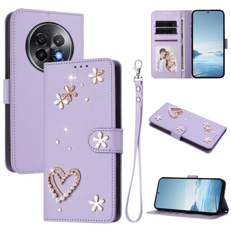 ZS01 Double-Layer Heart Floral Vegan Leather Phone Case with Wrist Strap, For Realme GT 7 Pro 5G / GT7 Pro Racing 5G, For Realme C63 5G Global, For Realme 12 5G Global / 13 5G Global, For Realme Note 60 4G Global / C63 4G Global, For Realme 13+ 5G Glob...