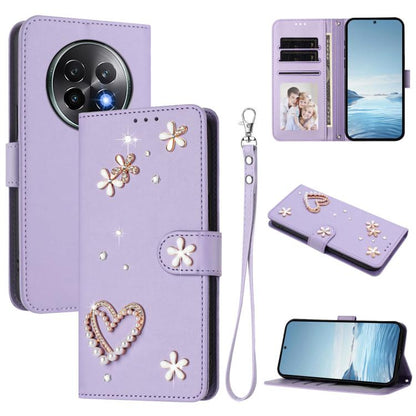 ZS01 Double-Layer Heart Floral Vegan Leather Phone Case with Wrist Strap, For Realme GT 7 Pro 5G / GT7 Pro Racing 5G, For Realme C63 5G Global, For Realme 12 5G Global / 13 5G Global, For Realme Note 60 4G Global / C63 4G Global, For Realme 13+ 5G Glob...