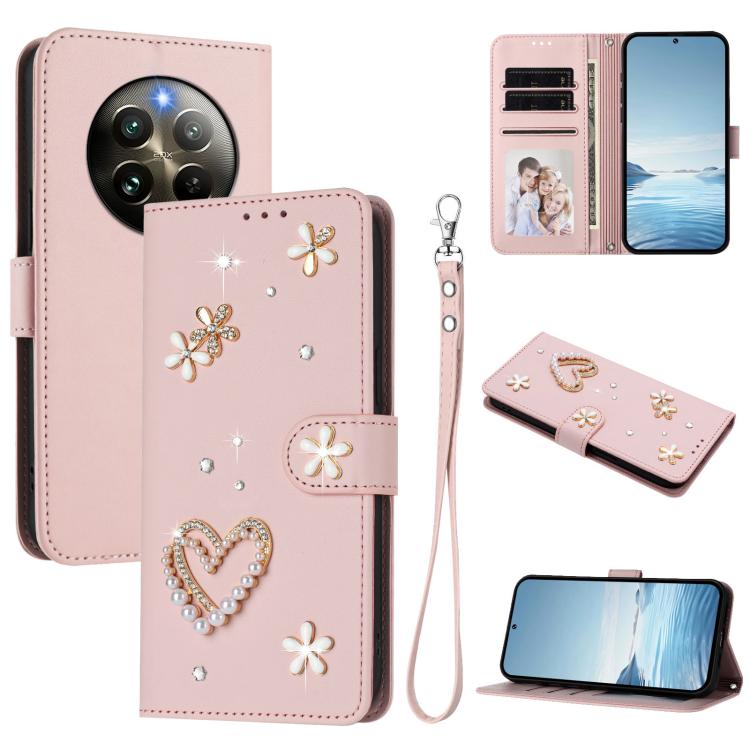 ZS01 Double-Layer Heart Floral Vegan Leather Phone Case with Wrist Strap, For Realme GT 7 Pro 5G / GT7 Pro Racing 5G, For Realme C63 5G Global, For Realme 12 5G Global / 13 5G Global, For Realme Note 60 4G Global / C63 4G Global, For Realme 13+ 5G Glob...