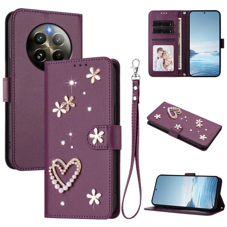 ZS01 Double-Layer Heart Floral Vegan Leather Phone Case with Wrist Strap, For Realme GT 7 Pro 5G / GT7 Pro Racing 5G, For Realme C63 5G Global, For Realme 12 5G Global / 13 5G Global, For Realme Note 60 4G Global / C63 4G Global, For Realme 13+ 5G Glob...