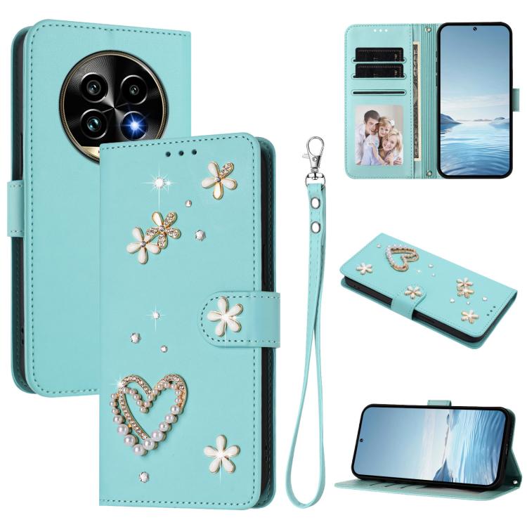 ZS01 Double-Layer Heart Floral Vegan Leather Phone Case with Wrist Strap, For Realme GT 7 Pro 5G / GT7 Pro Racing 5G, For Realme C63 5G Global, For Realme 12 5G Global / 13 5G Global, For Realme Note 60 4G Global / C63 4G Global, For Realme 13+ 5G Glob...