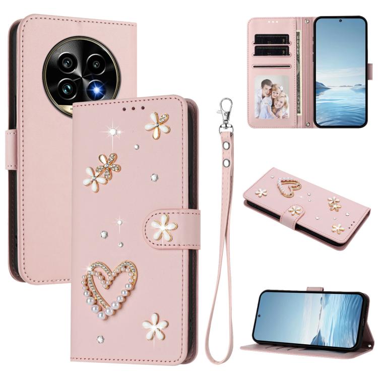 ZS01 Double-Layer Heart Floral Vegan Leather Phone Case with Wrist Strap, For Realme GT 7 Pro 5G / GT7 Pro Racing 5G, For Realme C63 5G Global, For Realme 12 5G Global / 13 5G Global, For Realme Note 60 4G Global / C63 4G Global, For Realme 13+ 5G Glob...