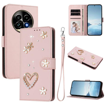 ZS01 Double-Layer Heart Floral Vegan Leather Phone Case with Wrist Strap, For Realme GT 7 Pro 5G / GT7 Pro Racing 5G, For Realme C63 5G Global, For Realme 12 5G Global / 13 5G Global, For Realme Note 60 4G Global / C63 4G Global, For Realme 13+ 5G Glob...