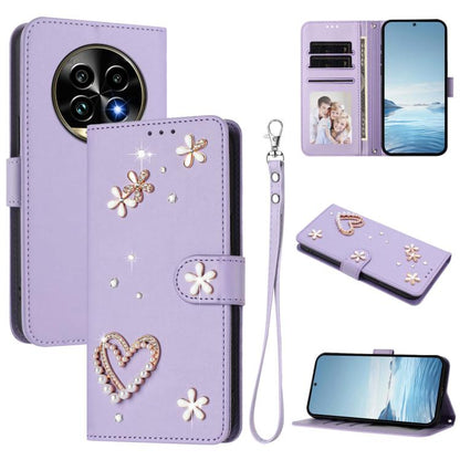 ZS01 Double-Layer Heart Floral Vegan Leather Phone Case with Wrist Strap, For Realme GT 7 Pro 5G / GT7 Pro Racing 5G, For Realme C63 5G Global, For Realme 12 5G Global / 13 5G Global, For Realme Note 60 4G Global / C63 4G Global, For Realme 13+ 5G Glob...