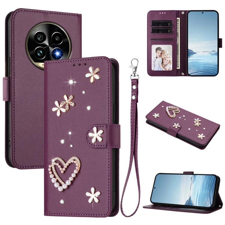 ZS01 Double-Layer Heart Floral Vegan Leather Phone Case with Wrist Strap, For Realme GT 7 Pro 5G / GT7 Pro Racing 5G, For Realme C63 5G Global, For Realme 12 5G Global / 13 5G Global, For Realme Note 60 4G Global / C63 4G Global, For Realme 13+ 5G Glob...