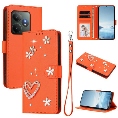 ZS01 Double-Layer Heart Floral Vegan Leather Phone Case with Wrist Strap, For Realme GT 7 Pro 5G / GT7 Pro Racing 5G, For Realme C63 5G Global, For Realme 12 5G Global / 13 5G Global, For Realme Note 60 4G Global / C63 4G Global, For Realme 13+ 5G Glob...