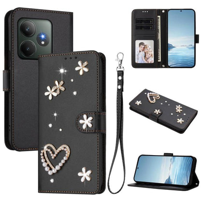 ZS01 Double-Layer Heart Floral Vegan Leather Phone Case with Wrist Strap, For Realme GT 7 Pro 5G / GT7 Pro Racing 5G, For Realme C63 5G Global, For Realme 12 5G Global / 13 5G Global, For Realme Note 60 4G Global / C63 4G Global, For Realme 13+ 5G Glob...