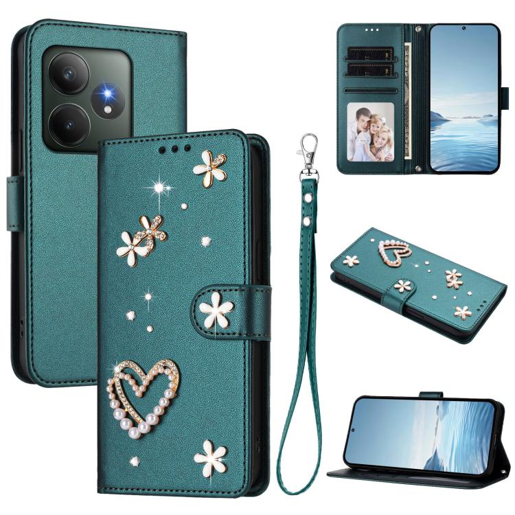 ZS01 Double-Layer Heart Floral Vegan Leather Phone Case with Wrist Strap, For Realme GT 7 Pro 5G / GT7 Pro Racing 5G, For Realme C63 5G Global, For Realme 12 5G Global / 13 5G Global, For Realme Note 60 4G Global / C63 4G Global, For Realme 13+ 5G Glob...