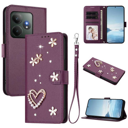 ZS01 Double-Layer Heart Floral Vegan Leather Phone Case with Wrist Strap, For Realme GT 7 Pro 5G / GT7 Pro Racing 5G, For Realme C63 5G Global, For Realme 12 5G Global / 13 5G Global, For Realme Note 60 4G Global / C63 4G Global, For Realme 13+ 5G Glob...
