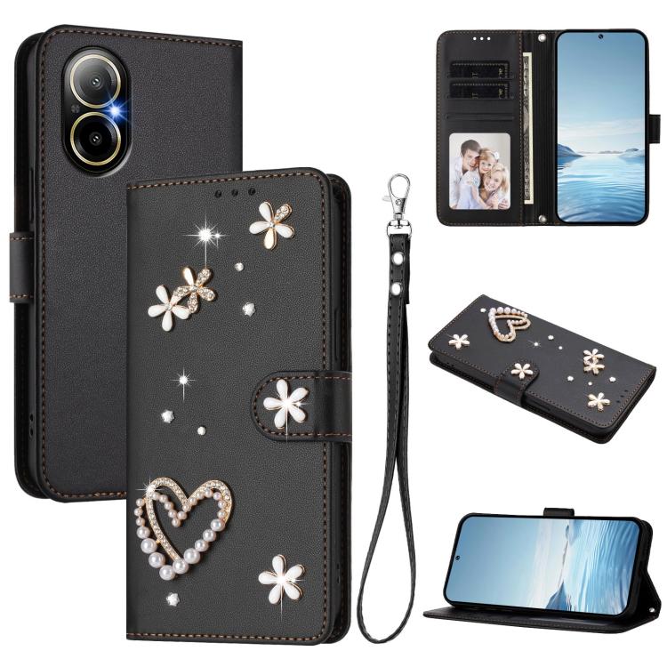 ZS01 Double-Layer Heart Floral Vegan Leather Phone Case with Wrist Strap, For Realme GT 7 Pro 5G / GT7 Pro Racing 5G, For Realme C63 5G Global, For Realme 12 5G Global / 13 5G Global, For Realme Note 60 4G Global / C63 4G Global, For Realme 13+ 5G Glob...