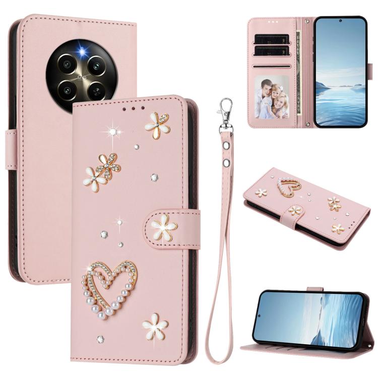 ZS01 Double-Layer Heart Floral Vegan Leather Phone Case with Wrist Strap, For Realme GT 7 Pro 5G / GT7 Pro Racing 5G, For Realme C63 5G Global, For Realme 12 5G Global / 13 5G Global, For Realme Note 60 4G Global / C63 4G Global, For Realme 13+ 5G Glob...