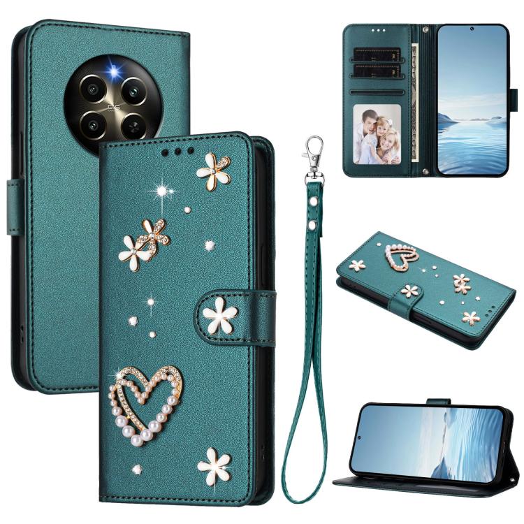 ZS01 Double-Layer Heart Floral Vegan Leather Phone Case with Wrist Strap, For Realme GT 7 Pro 5G / GT7 Pro Racing 5G, For Realme C63 5G Global, For Realme 12 5G Global / 13 5G Global, For Realme Note 60 4G Global / C63 4G Global, For Realme 13+ 5G Glob...