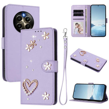 ZS01 Double-Layer Heart Floral Vegan Leather Phone Case with Wrist Strap, For Realme GT 7 Pro 5G / GT7 Pro Racing 5G, For Realme C63 5G Global, For Realme 12 5G Global / 13 5G Global, For Realme Note 60 4G Global / C63 4G Global, For Realme 13+ 5G Glob...