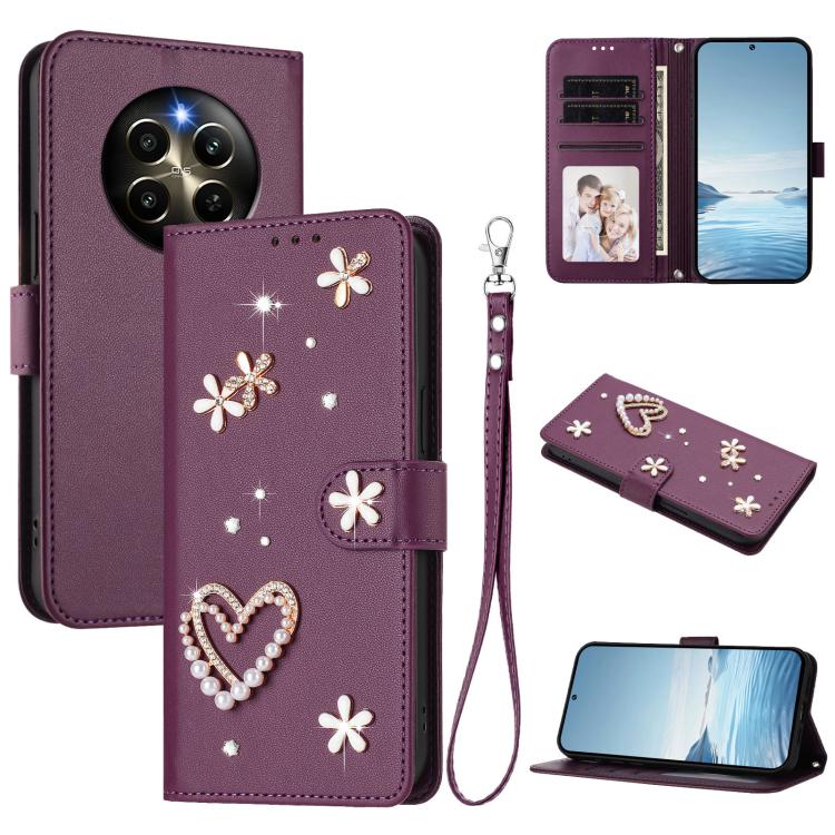 ZS01 Double-Layer Heart Floral Vegan Leather Phone Case with Wrist Strap, For Realme GT 7 Pro 5G / GT7 Pro Racing 5G, For Realme C63 5G Global, For Realme 12 5G Global / 13 5G Global, For Realme Note 60 4G Global / C63 4G Global, For Realme 13+ 5G Glob...