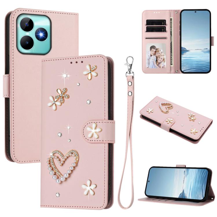 ZS01 Double-Layer Heart Floral Vegan Leather Phone Case with Wrist Strap, For Realme GT 7 Pro 5G / GT7 Pro Racing 5G, For Realme C63 5G Global, For Realme 12 5G Global / 13 5G Global, For Realme Note 60 4G Global / C63 4G Global, For Realme 13+ 5G Glob...