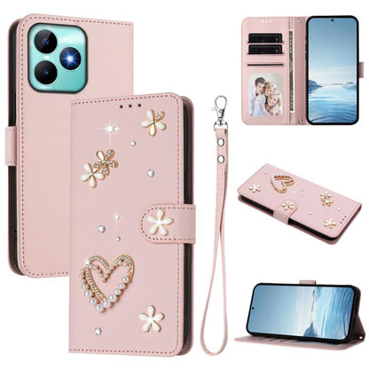 ZS01 Double-Layer Heart Floral Vegan Leather Phone Case with Wrist Strap, For Realme GT 7 Pro 5G / GT7 Pro Racing 5G, For Realme C63 5G Global, For Realme 12 5G Global / 13 5G Global, For Realme Note 60 4G Global / C63 4G Global, For Realme 13+ 5G Glob...