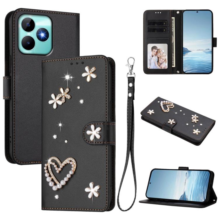 ZS01 Double-Layer Heart Floral Vegan Leather Phone Case with Wrist Strap, For Realme GT 7 Pro 5G / GT7 Pro Racing 5G, For Realme C63 5G Global, For Realme 12 5G Global / 13 5G Global, For Realme Note 60 4G Global / C63 4G Global, For Realme 13+ 5G Glob...