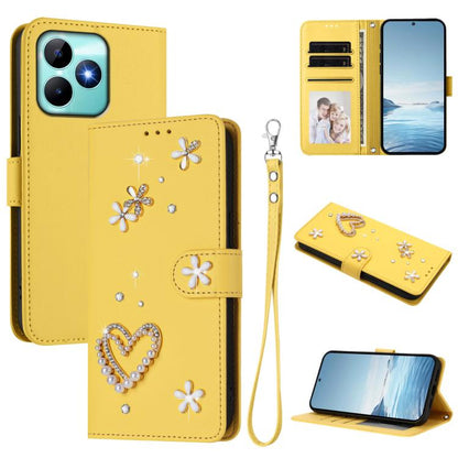 ZS01 Double-Layer Heart Floral Vegan Leather Phone Case with Wrist Strap, For Realme GT 7 Pro 5G / GT7 Pro Racing 5G, For Realme C63 5G Global, For Realme 12 5G Global / 13 5G Global, For Realme Note 60 4G Global / C63 4G Global, For Realme 13+ 5G Glob...