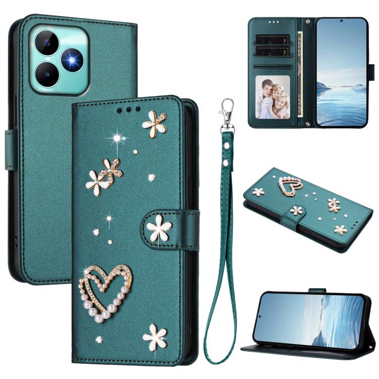 ZS01 Double-Layer Heart Floral Vegan Leather Phone Case with Wrist Strap, For Realme GT 7 Pro 5G / GT7 Pro Racing 5G, For Realme C63 5G Global, For Realme 12 5G Global / 13 5G Global, For Realme Note 60 4G Global / C63 4G Global, For Realme 13+ 5G Glob...
