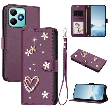 ZS01 Double-Layer Heart Floral Vegan Leather Phone Case with Wrist Strap, For Realme GT 7 Pro 5G / GT7 Pro Racing 5G, For Realme C63 5G Global, For Realme 12 5G Global / 13 5G Global, For Realme Note 60 4G Global / C63 4G Global, For Realme 13+ 5G Glob...