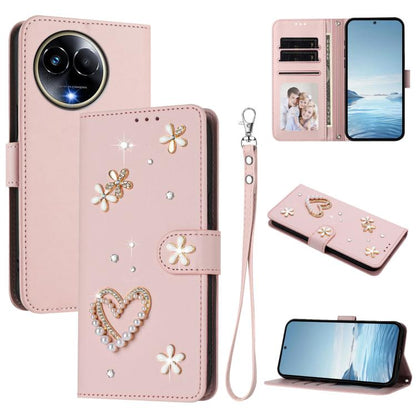 ZS01 Double-Layer Heart Floral Vegan Leather Phone Case with Wrist Strap, For Realme GT 7 Pro 5G / GT7 Pro Racing 5G, For Realme C63 5G Global, For Realme 12 5G Global / 13 5G Global, For Realme Note 60 4G Global / C63 4G Global, For Realme 13+ 5G Glob...