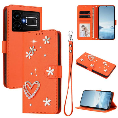 ZS01 Double-Layer Heart Floral Vegan Leather Phone Case with Wrist Strap, For Realme 11 4G Global, For Realme GT5 240W 5G / GT5 5G, For Realme Narzo 60 Pro Global, For Realme C65 4G Global, For Realme C55 4G Global / Narzo N55                          ...