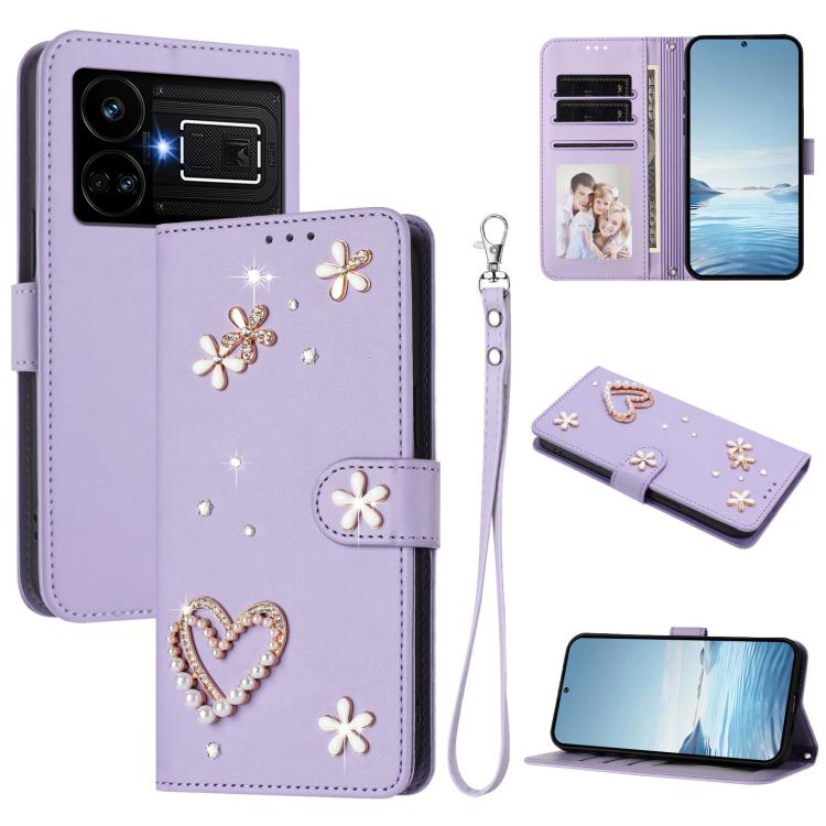 ZS01 Double-Layer Heart Floral Vegan Leather Phone Case with Wrist Strap, For Realme 11 4G Global, For Realme GT5 240W 5G / GT5 5G, For Realme Narzo 60 Pro Global, For Realme C65 4G Global, For Realme C55 4G Global / Narzo N55                          ...
