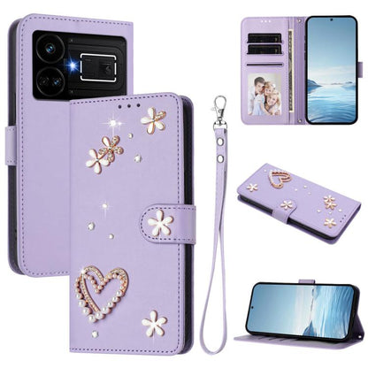 ZS01 Double-Layer Heart Floral Vegan Leather Phone Case with Wrist Strap, For Realme 11 4G Global, For Realme GT5 240W 5G / GT5 5G, For Realme Narzo 60 Pro Global, For Realme C65 4G Global, For Realme C55 4G Global / Narzo N55                          ...