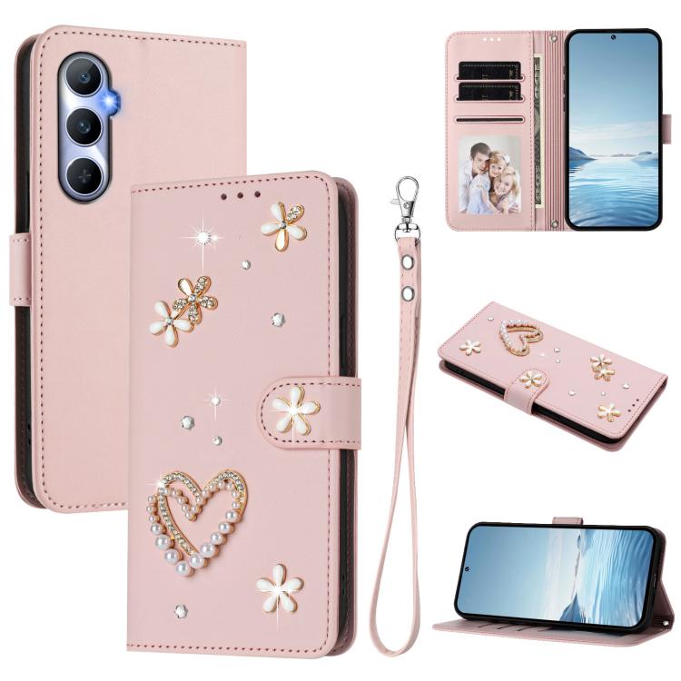 ZS01 Double-Layer Heart Floral Vegan Leather Phone Case with Wrist Strap, For Realme 11 4G Global, For Realme GT5 240W 5G / GT5 5G, For Realme Narzo 60 Pro Global, For Realme C65 4G Global, For Realme C55 4G Global / Narzo N55                          ...