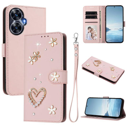 ZS01 Double-Layer Heart Floral Vegan Leather Phone Case with Wrist Strap, For Realme 11 4G Global, For Realme GT5 240W 5G / GT5 5G, For Realme Narzo 60 Pro Global, For Realme C65 4G Global, For Realme C55 4G Global / Narzo N55                          ...