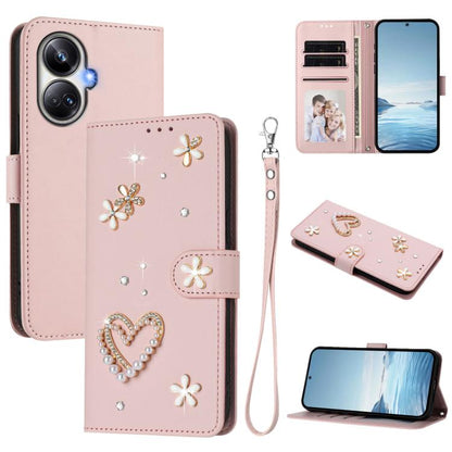 ZS01 Double-Layer Heart Floral Vegan Leather Phone Case with Wrist Strap, For Realme 11 4G Global, For Realme GT5 240W 5G / GT5 5G, For Realme Narzo 60 Pro Global, For Realme C65 4G Global, For Realme C55 4G Global / Narzo N55                          ...