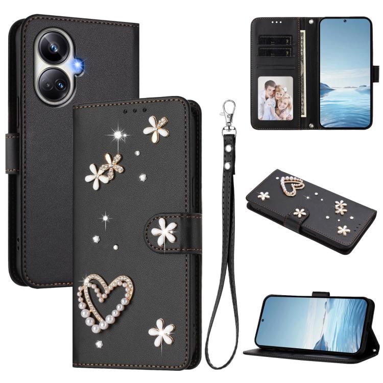 ZS01 Double-Layer Heart Floral Vegan Leather Phone Case with Wrist Strap, For Realme 11 4G Global, For Realme GT5 240W 5G / GT5 5G, For Realme Narzo 60 Pro Global, For Realme C65 4G Global, For Realme C55 4G Global / Narzo N55                          ...