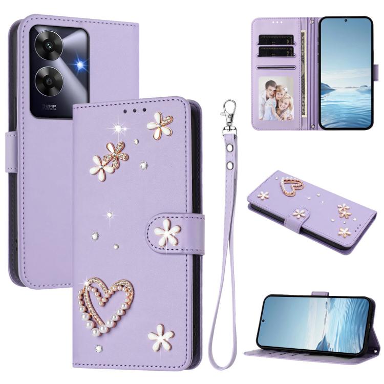 ZS01 Double-Layer Heart Floral Vegan Leather Phone Case with Wrist Strap, For Realme GT 7 Pro 5G / GT7 Pro Racing 5G, For Realme C63 5G Global, For Realme 12 5G Global / 13 5G Global, For Realme Note 60 4G Global / C63 4G Global, For Realme 13+ 5G Glob...