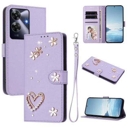 ZS01 Double-Layer Heart Floral Vegan Leather Phone Case with Wrist Strap, For Realme GT 7 Pro 5G / GT7 Pro Racing 5G, For Realme C63 5G Global, For Realme 12 5G Global / 13 5G Global, For Realme Note 60 4G Global / C63 4G Global, For Realme 13+ 5G Glob...