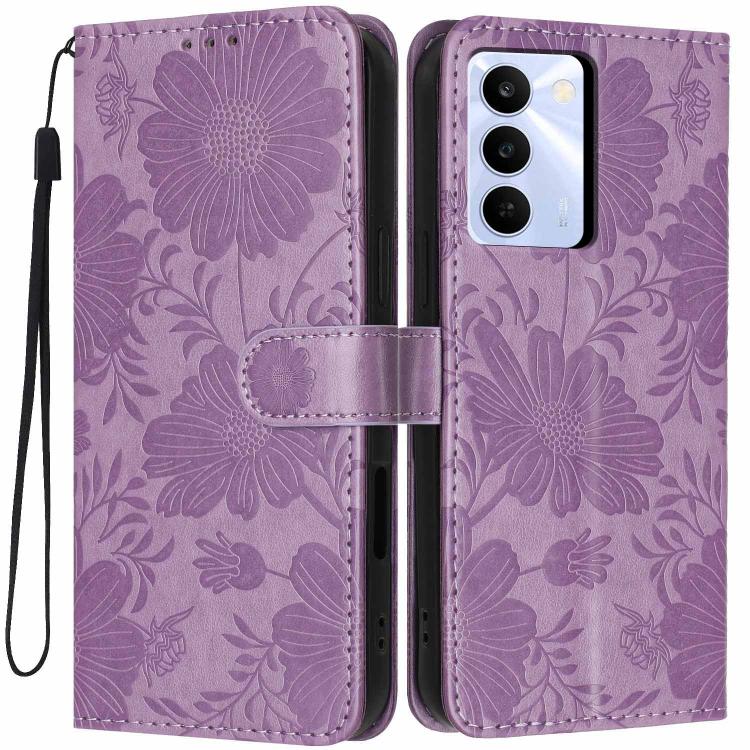 Sunflower Embossed Vegan Leather Phone Case with Small Black Rope, For Realme Note 80 4G, For Realme C83 5G, For Realme 16 5G, For Realme C61 / C63
