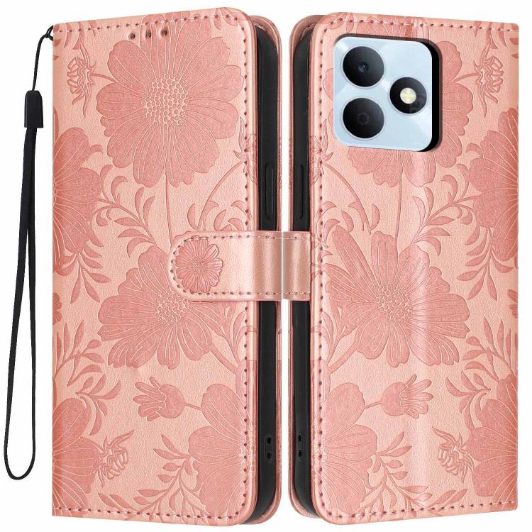 Sunflower Embossed Vegan Leather Phone Case with Small Black Rope, For Realme Note 80 4G, For Realme C83 5G, For Realme 16 5G, For Realme C61 / C63