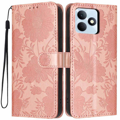 Sunflower Embossed Vegan Leather Phone Case with Small Black Rope, For Realme Note 80 4G, For Realme C83 5G, For Realme 16 5G, For Realme C61 / C63