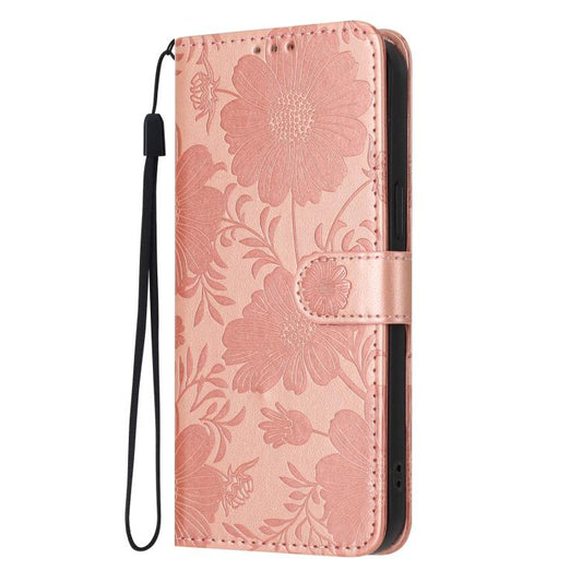 Sunflower Embossed Vegan Leather Phone Case with Small Black Rope, For Realme Note 80 4G, For Realme C83 5G, For Realme 16 5G, For Realme C61 / C63